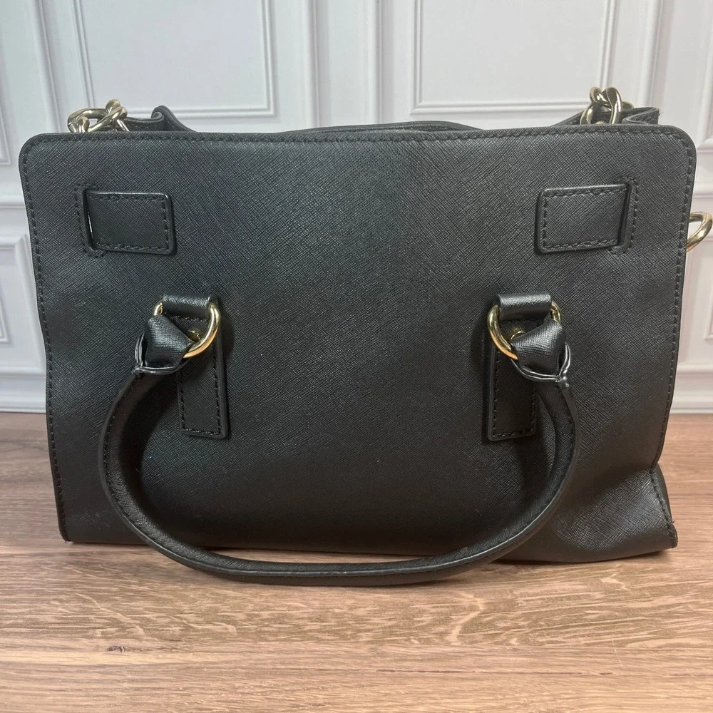 Michael Kors Hamilton Satchel Womens Medium Black Saffiano Leather‎ Gold Padlock